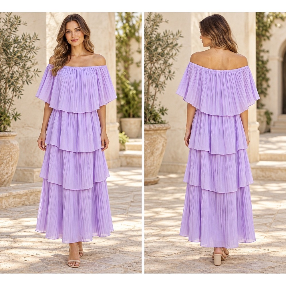 Lavender Pleated Off The Shoulder Tiered Maxi Dress XL Lavender Purple Gown